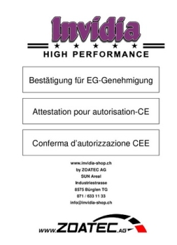 Certificat CH pour échappements Invidia / GTSPEC / Injen